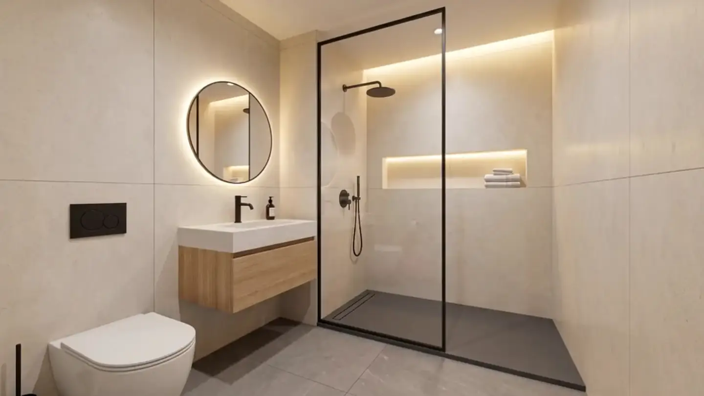 Baño completo terminado por Ducha Home: ducha a ras de suelo, plato de resina, mampara negra, mueble suspendido y WC suspendido