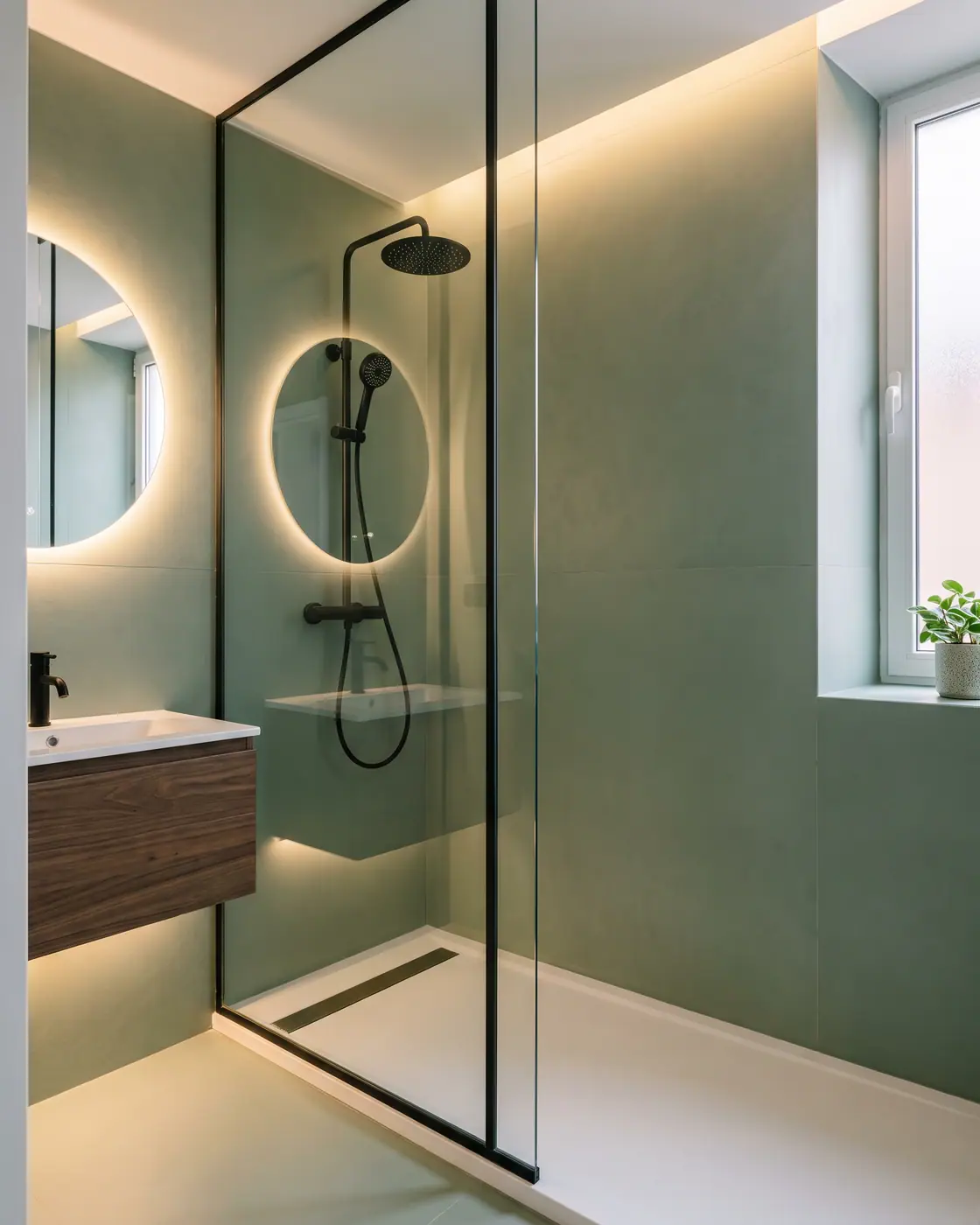 Ducha con paredes de porcelánico verde salvia y grifería negra