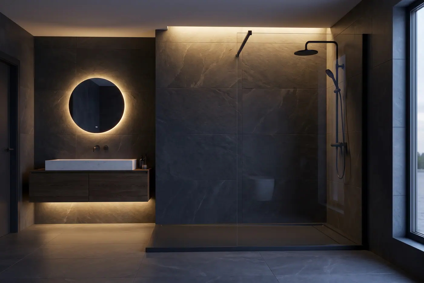 Baño en tonos pizarra con iluminación LED cálida y mampara negra