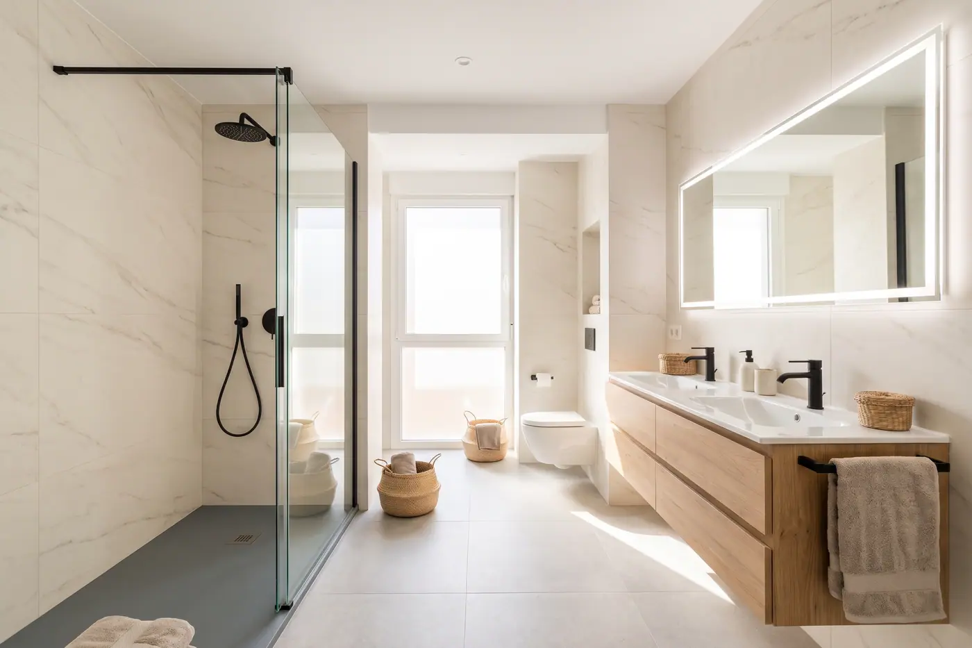 Baño familiar luminoso con ducha walk-in y doble lavabo